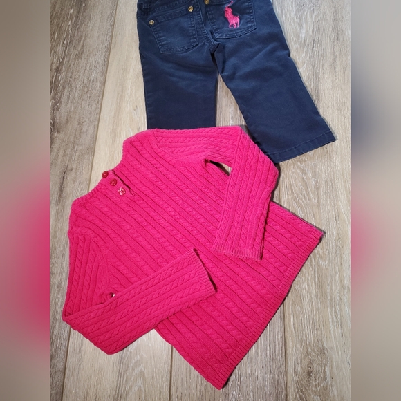 Ralph Lauren navy chinos and hot pink cable knit sweater Size 2T - Picture 4 of 13